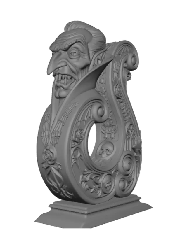 3D model for Hyper-realistic wooden carved Rococo–Art Nouveau caricatural undead vampire count with impossibly elongated nose, enormous bulging eyes, exaggerated fangs and theatrical aristocratic proportions. His towering collar erupts into a monumental S-waved Rococo–Art Nouveau console-pillar of flowing rocaille architecture. Skeletal hands, bat wings, gothic roses, vertebrae, cathedral tracery, skull medallions and elaborate decorative cartouches spiral into elegant Art Nouveau volutes. Material: polished ebony and rosewood hardwood with expressive caricatural carving. Polychrome: weary midnight blues, crimson reds, ivory, antique gold and pale undead flesh tones. Cracked varnish, centuries-old gothic patina.