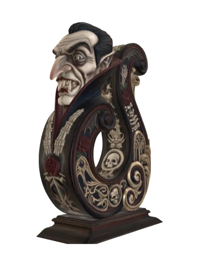 3D model for Hyper-realistic wooden carved Rococo–Art Nouveau caricatural undead vampire count with impossibly elongated nose, enormous bulging eyes, exaggerated fangs and theatrical aristocratic proportions. His towering collar erupts into a monumental S-waved Rococo–Art Nouveau console-pillar of flowing rocaille architecture. Skeletal hands, bat wings, gothic roses, vertebrae, cathedral tracery, skull medallions and elaborate decorative cartouches spiral into elegant Art Nouveau volutes. Material: polished ebony and rosewood hardwood with expressive caricatural carving. Polychrome: weary midnight blues, crimson reds, ivory, antique gold and pale undead flesh tones. Cracked varnish, centuries-old gothic patina.