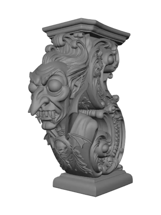 3D model for Hyper-realistic wooden carved Rococo–Art Nouveau caricatural undead vampire count with impossibly elongated nose, enormous bulging eyes, exaggerated fangs and theatrical aristocratic proportions. His towering collar erupts into a monumental S-waved Rococo–Art Nouveau console-pillar of flowing rocaille architecture. Skeletal hands, bat wings, gothic roses, vertebrae, cathedral tracery, skull medallions and elaborate decorative cartouches spiral into elegant Art Nouveau volutes. Material: polished ebony and rosewood hardwood with expressive caricatural carving. Polychrome: weary midnight blues, crimson reds, ivory, antique gold and pale undead flesh tones. Cracked varnish, centuries-old gothic patina.