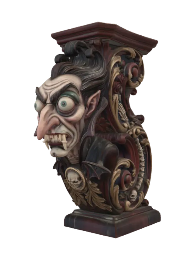 3D model for Hyper-realistic wooden carved Rococo–Art Nouveau caricatural undead vampire count with impossibly elongated nose, enormous bulging eyes, exaggerated fangs and theatrical aristocratic proportions. His towering collar erupts into a monumental S-waved Rococo–Art Nouveau console-pillar of flowing rocaille architecture. Skeletal hands, bat wings, gothic roses, vertebrae, cathedral tracery, skull medallions and elaborate decorative cartouches spiral into elegant Art Nouveau volutes. Material: polished ebony and rosewood hardwood with expressive caricatural carving. Polychrome: weary midnight blues, crimson reds, ivory, antique gold and pale undead flesh tones. Cracked varnish, centuries-old gothic patina.