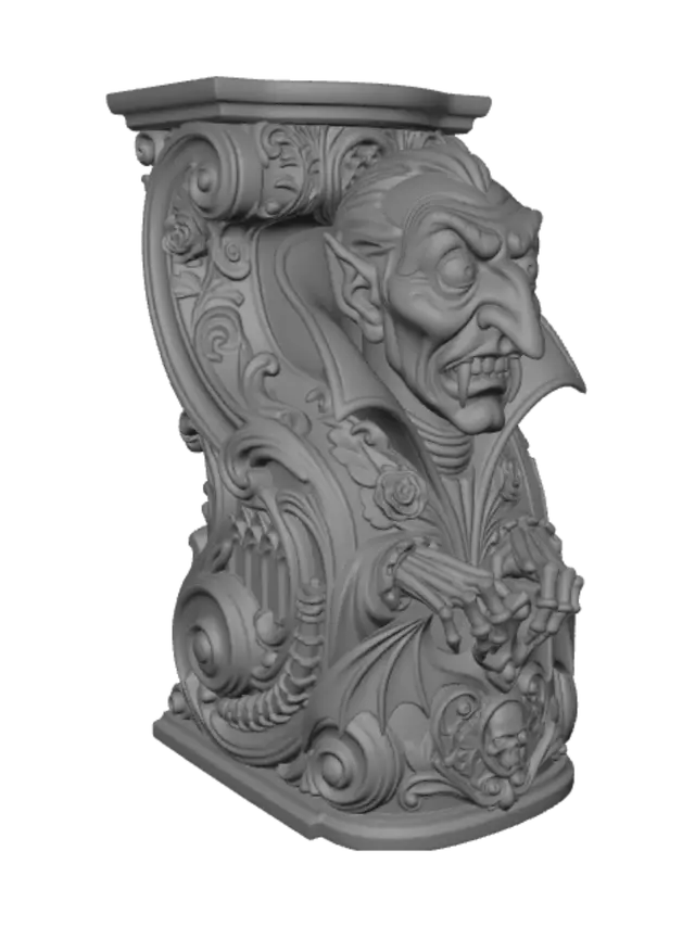 3D model for Hyper-realistic wooden carved Rococo–Art Nouveau caricatural undead vampire count with impossibly elongated nose, enormous bulging eyes, exaggerated fangs and theatrical aristocratic proportions. His towering collar erupts into a monumental S-waved Rococo–Art Nouveau console-pillar of flowing rocaille architecture. Skeletal hands, bat wings, gothic roses, vertebrae, cathedral tracery, skull medallions and elaborate decorative cartouches spiral into elegant Art Nouveau volutes. Material: polished ebony and rosewood hardwood with expressive caricatural carving. Polychrome: weary midnight blues, crimson reds, ivory, antique gold and pale undead flesh tones. Cracked varnish, centuries-old gothic patina.