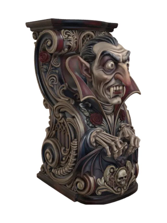 3D model for Hyper-realistic wooden carved Rococo–Art Nouveau caricatural undead vampire count with impossibly elongated nose, enormous bulging eyes, exaggerated fangs and theatrical aristocratic proportions. His towering collar erupts into a monumental S-waved Rococo–Art Nouveau console-pillar of flowing rocaille architecture. Skeletal hands, bat wings, gothic roses, vertebrae, cathedral tracery, skull medallions and elaborate decorative cartouches spiral into elegant Art Nouveau volutes. Material: polished ebony and rosewood hardwood with expressive caricatural carving. Polychrome: weary midnight blues, crimson reds, ivory, antique gold and pale undead flesh tones. Cracked varnish, centuries-old gothic patina.
