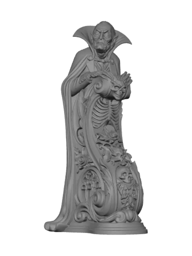 3D model for Hyper-realistic wooden carved Rococo–Art Nouveau caricatural undead elder vampire with exaggerated aged features, enormous hypnotic eyes, sharply pointed ears and aristocratic Victorian attire. His towering collar and sweeping cloak merge into a monumental S-waved Rococo–Art Nouveau console-pillar. Bat wings, skeletal ribs, cemetery roses, gargoyle masks, gothic tracery, vertebrae and skull cartouches dissolve into lavish Rococo scrollwork and flowing Art Nouveau ornament. Material: polished ebony and walnut hardwood with finely carved wrinkles and expressive anatomy. Polychrome: weary charcoal black, deep crimson, faded ivory, antique bronze and pale undead flesh tones. Surface: cracked varnish, centuries-old gothic museum patina