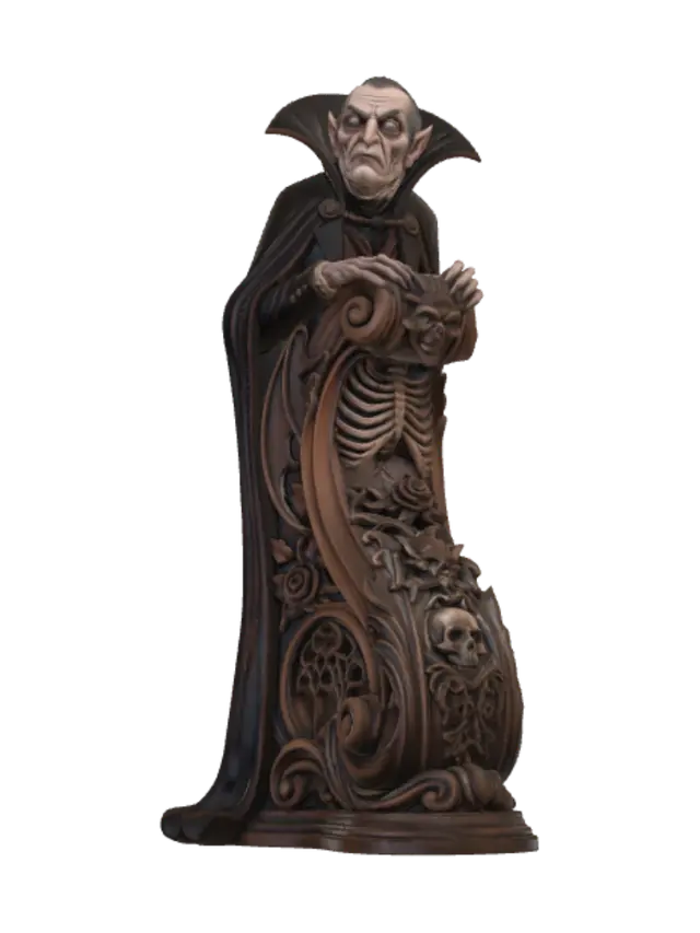 3D model for Hyper-realistic wooden carved Rococo–Art Nouveau caricatural undead elder vampire with exaggerated aged features, enormous hypnotic eyes, sharply pointed ears and aristocratic Victorian attire. His towering collar and sweeping cloak merge into a monumental S-waved Rococo–Art Nouveau console-pillar. Bat wings, skeletal ribs, cemetery roses, gargoyle masks, gothic tracery, vertebrae and skull cartouches dissolve into lavish Rococo scrollwork and flowing Art Nouveau ornament. Material: polished ebony and walnut hardwood with finely carved wrinkles and expressive anatomy. Polychrome: weary charcoal black, deep crimson, faded ivory, antique bronze and pale undead flesh tones. Surface: cracked varnish, centuries-old gothic museum patina