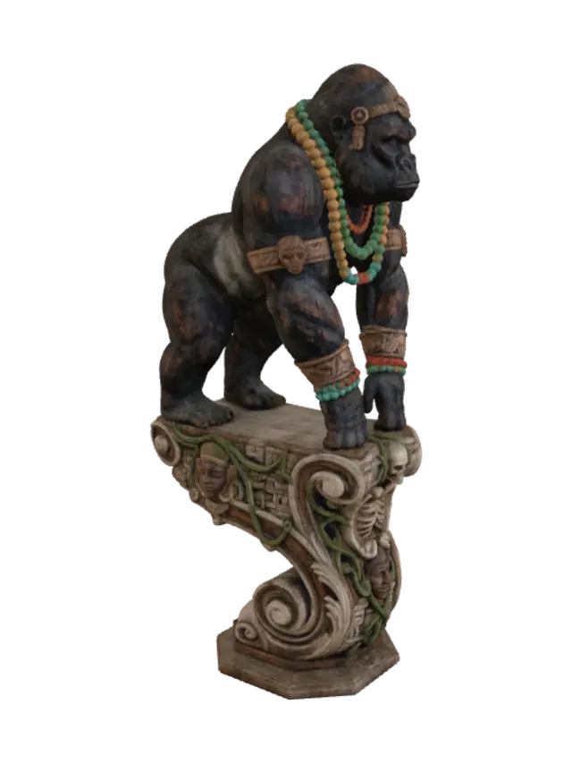 A hyper-realistic wooden carved Rococo–Art Nouveau caricatural statue of a… - Silverback 3D model, vytvořený pomocí AI