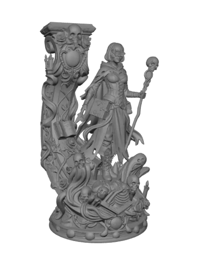 3D model for A hyper-realistic wooden carved Rococo–Art Nouveau caricatural statue of a fearless gothic monster hunter scholar with a short bob haircut, large spectacles, an enchanted grimoire hanging from her belt, and an ornate skull-topped staff with a crystal lens. She stands triumphantly atop defeated ghosts and undead creatures. Her corseted garments, torn cloak and flowing ribbons merge seamlessly into a monumental S-waved Rococo–Art Nouveau console-pillar adorned with skeletal cartouches, skull garlands, gothic tracery, thorned roses, candles, arcane books, curling vines and elegant flowing volutes. Material: polished hardwood with exceptionally fine anatomical detailing and crisp chisel work. Polychrome in weary deep crimson, burnt orange, weathered bronze, emerald accents, pale skin tones and