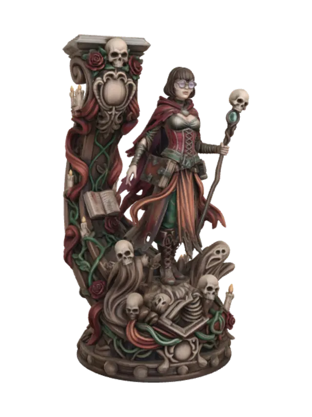 3D model for A hyper-realistic wooden carved Rococo–Art Nouveau caricatural statue of a fearless gothic monster hunter scholar with a short bob haircut, large spectacles, an enchanted grimoire hanging from her belt, and an ornate skull-topped staff with a crystal lens. She stands triumphantly atop defeated ghosts and undead creatures. Her corseted garments, torn cloak and flowing ribbons merge seamlessly into a monumental S-waved Rococo–Art Nouveau console-pillar adorned with skeletal cartouches, skull garlands, gothic tracery, thorned roses, candles, arcane books, curling vines and elegant flowing volutes. Material: polished hardwood with exceptionally fine anatomical detailing and crisp chisel work. Polychrome in weary deep crimson, burnt orange, weathered bronze, emerald accents, pale skin tones and
