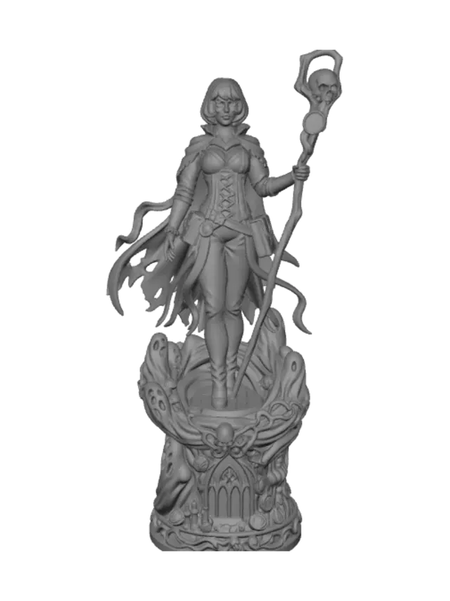 3D model for A hyper-realistic wooden carved Rococo–Art Nouveau caricatural statue of a fearless gothic monster hunter scholar with a short bob haircut, large spectacles, an enchanted grimoire hanging from her belt, and an ornate skull-topped staff with a crystal lens. She stands triumphantly atop defeated ghosts and undead creatures. Her corseted garments, torn cloak and flowing ribbons merge seamlessly into a monumental S-waved Rococo–Art Nouveau console-pillar adorned with skeletal cartouches, skull garlands, gothic tracery, thorned roses, candles, arcane books, curling vines and elegant flowing volutes. Material: polished hardwood with exceptionally fine anatomical detailing and crisp chisel work. Polychrome in weary deep crimson, burnt orange, weathered bronze, emerald accents, pale skin tones and