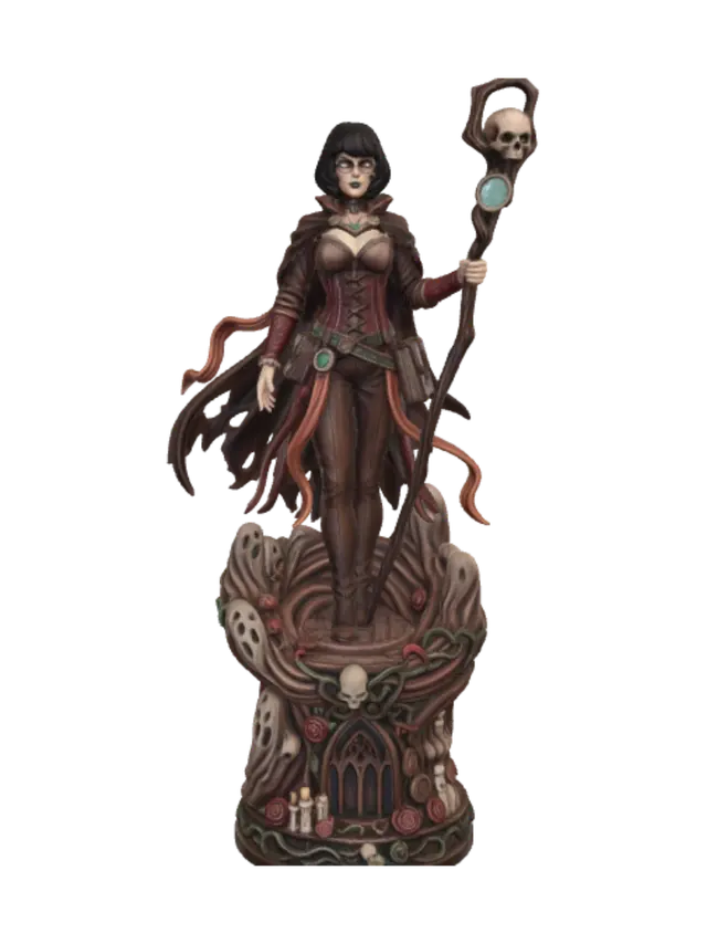 3D model for A hyper-realistic wooden carved Rococo–Art Nouveau caricatural statue of a fearless gothic monster hunter scholar with a short bob haircut, large spectacles, an enchanted grimoire hanging from her belt, and an ornate skull-topped staff with a crystal lens. She stands triumphantly atop defeated ghosts and undead creatures. Her corseted garments, torn cloak and flowing ribbons merge seamlessly into a monumental S-waved Rococo–Art Nouveau console-pillar adorned with skeletal cartouches, skull garlands, gothic tracery, thorned roses, candles, arcane books, curling vines and elegant flowing volutes. Material: polished hardwood with exceptionally fine anatomical detailing and crisp chisel work. Polychrome in weary deep crimson, burnt orange, weathered bronze, emerald accents, pale skin tones and
