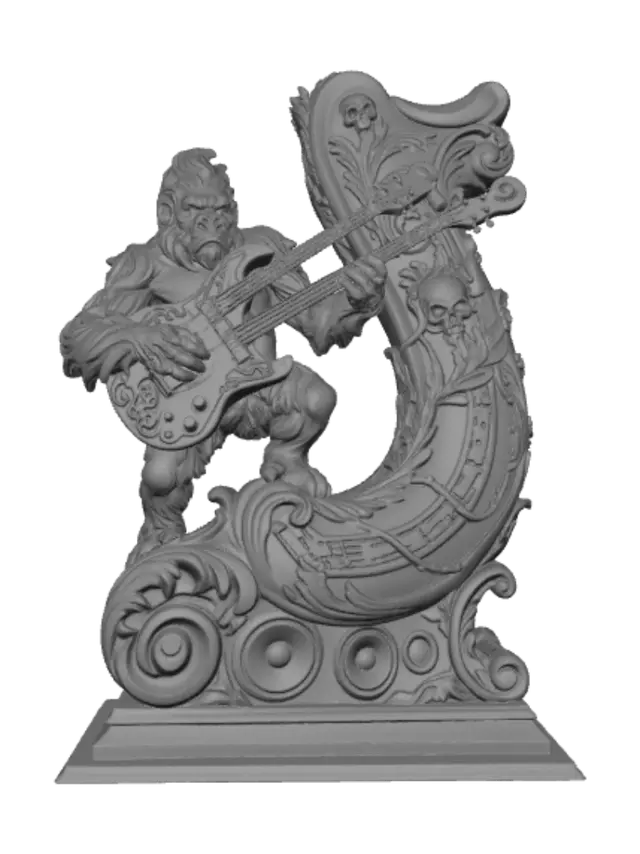 3D model for A hyper-realistic wooden carved Rococo–Art Nouveau caricatural statue of a powerful anthropomorphic gorilla passionately playing an ornate electric guitar. The flowing fur, dynamic pose, guitar straps and musical energy merge into a monumental S-waved Rococo–Art Nouveau console-pillar decorated with skeletal cartouches, musical notes, guitar scrolls, laurel leaves, thorned vines, carved speaker motifs and elegant Rococo volutes. Material: polished hardwood with highly detailed fur carving, expressive anatomy and intricate instrument craftsmanship. Polychrome in deep ebony black, warm walnut, antique ivory, brass accents, muted crimson and weathered metallic tones with cracked varnish, worn gilding and centuries-old museum patina.