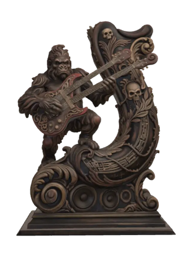 3D model for A hyper-realistic wooden carved Rococo–Art Nouveau caricatural statue of a powerful anthropomorphic gorilla passionately playing an ornate electric guitar. The flowing fur, dynamic pose, guitar straps and musical energy merge into a monumental S-waved Rococo–Art Nouveau console-pillar decorated with skeletal cartouches, musical notes, guitar scrolls, laurel leaves, thorned vines, carved speaker motifs and elegant Rococo volutes. Material: polished hardwood with highly detailed fur carving, expressive anatomy and intricate instrument craftsmanship. Polychrome in deep ebony black, warm walnut, antique ivory, brass accents, muted crimson and weathered metallic tones with cracked varnish, worn gilding and centuries-old museum patina.