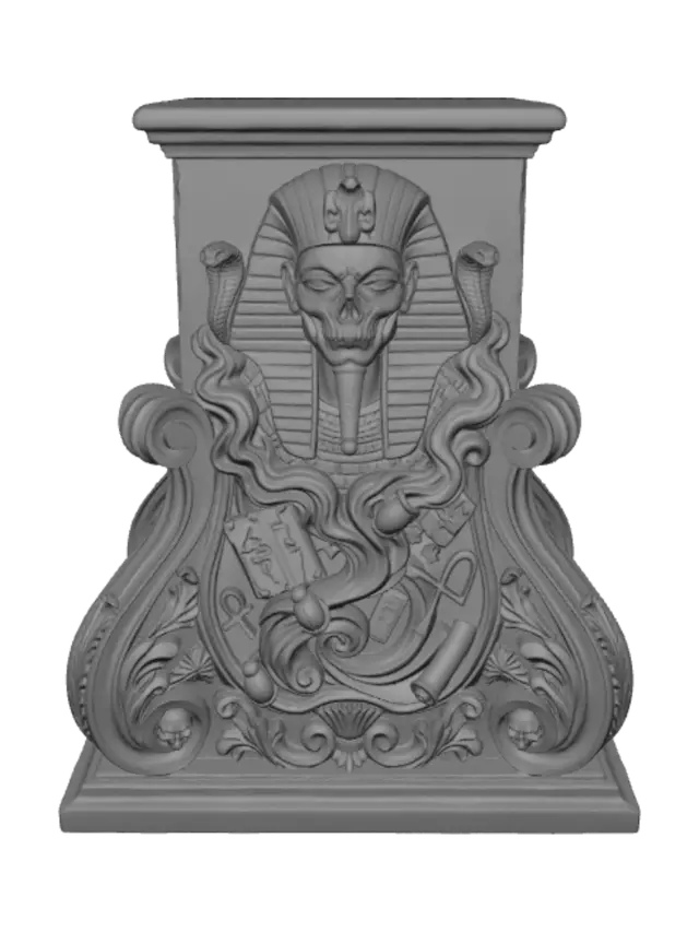 3D model for A hyper-realistic wooden carved Rococo–Art Nouveau caricatural undead bust of an Egyptian sorceress emerging from swirling magical smoke. She wears a royal striped nemes crowned with sacred cobras while scarabs, shattered hieroglyphic tablets, ankhs and mystical energy spiral into a monumental S-waved Rococo–Art Nouveau console-pillar adorned with skeletal cartouches, papyrus scrolls, lotus volutes and elegant botanical ornament. Material: polished hardwood with highly detailed facial anatomy and flowing wood grain. Polychrome in ivory, obsidian black, antique gold, lapis blue, muted turquoise and pale undead skin with cracked varnish and worn gilding.