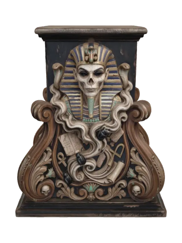 3D model for A hyper-realistic wooden carved Rococo–Art Nouveau caricatural undead bust of an Egyptian sorceress emerging from swirling magical smoke. She wears a royal striped nemes crowned with sacred cobras while scarabs, shattered hieroglyphic tablets, ankhs and mystical energy spiral into a monumental S-waved Rococo–Art Nouveau console-pillar adorned with skeletal cartouches, papyrus scrolls, lotus volutes and elegant botanical ornament. Material: polished hardwood with highly detailed facial anatomy and flowing wood grain. Polychrome in ivory, obsidian black, antique gold, lapis blue, muted turquoise and pale undead skin with cracked varnish and worn gilding.