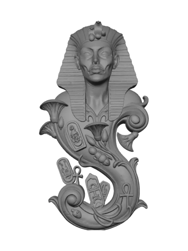 3D model for A hyper-realistic wooden carved Rococo–Art Nouveau caricatural undead bust of an Egyptian sorceress emerging from swirling magical smoke. She wears a royal striped nemes crowned with sacred cobras while scarabs, shattered hieroglyphic tablets, ankhs and mystical energy spiral into a monumental S-waved Rococo–Art Nouveau console-pillar adorned with skeletal cartouches, papyrus scrolls, lotus volutes and elegant botanical ornament. Material: polished hardwood with highly detailed facial anatomy and flowing wood grain. Polychrome in ivory, obsidian black, antique gold, lapis blue, muted turquoise and pale undead skin with cracked varnish and worn gilding.