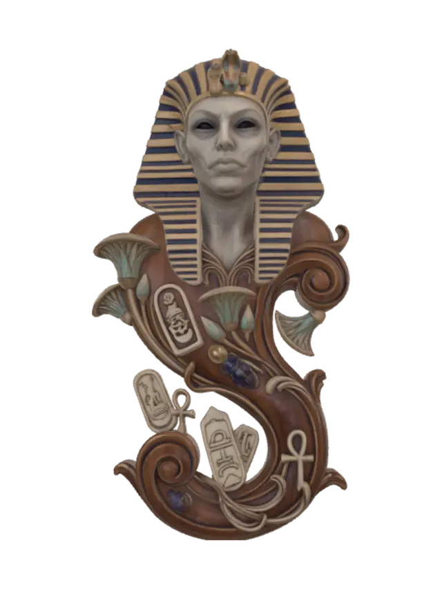 3D model for A hyper-realistic wooden carved Rococo–Art Nouveau caricatural undead bust of an Egyptian sorceress emerging from swirling magical smoke. She wears a royal striped nemes crowned with sacred cobras while scarabs, shattered hieroglyphic tablets, ankhs and mystical energy spiral into a monumental S-waved Rococo–Art Nouveau console-pillar adorned with skeletal cartouches, papyrus scrolls, lotus volutes and elegant botanical ornament. Material: polished hardwood with highly detailed facial anatomy and flowing wood grain. Polychrome in ivory, obsidian black, antique gold, lapis blue, muted turquoise and pale undead skin with cracked varnish and worn gilding.