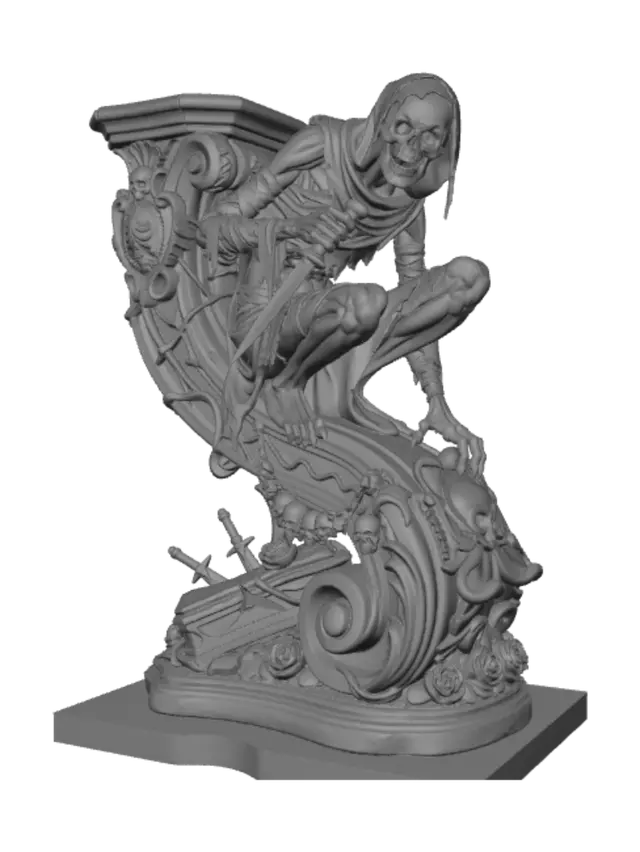 3D model for A hyper-realistic wooden carved Rococo–Art Nouveau caricatural undead tomb ghoul statue. A crouching skeletal assassin wrapped in ancient burial cloth, gripping an ornate ceremonial dagger while balancing on elongated clawed fingers and twisted limbs. The ragged wrappings and emaciated anatomy dissolve into a monumental S-waved Rococo–Art Nouveau console-pillar adorned with skeletal cartouches, Gothic thorn vines, funerary daggers, broken sarcophagi, skull garlands, cemetery roses and elaborate flowing Rococo volutes. Material: polished hardwood with extraordinary anatomical carving, deep undercuts and expressive wood grain. Polychrome in weary umber, faded sepia, aged ivory bone, muted bronze, weathered linen and pale desiccated flesh with cracked historical paint, worn gilding and museum