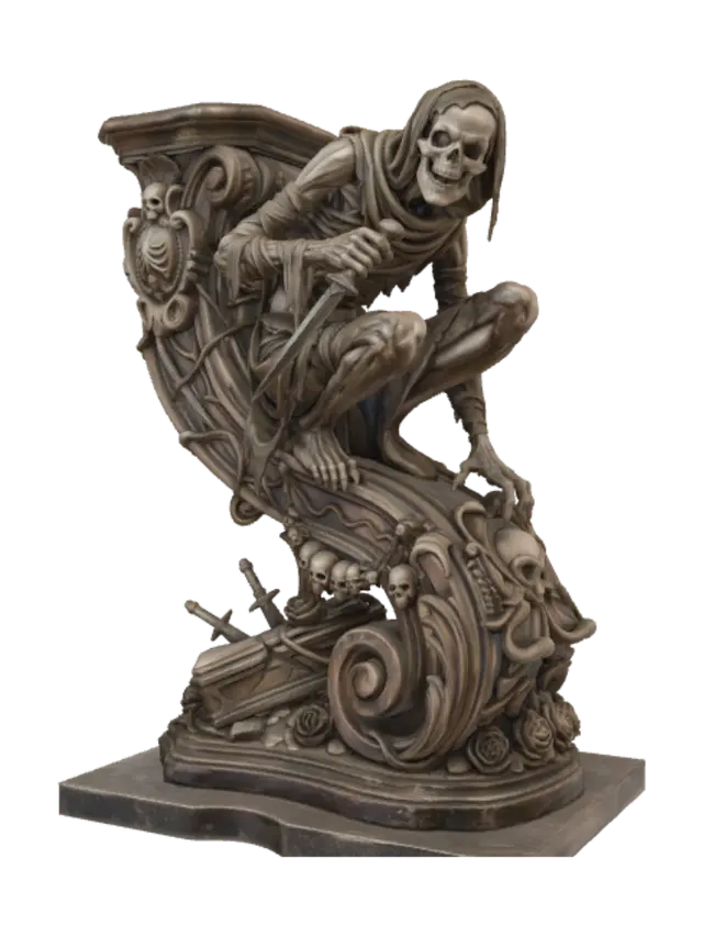 3D model for A hyper-realistic wooden carved Rococo–Art Nouveau caricatural undead tomb ghoul statue. A crouching skeletal assassin wrapped in ancient burial cloth, gripping an ornate ceremonial dagger while balancing on elongated clawed fingers and twisted limbs. The ragged wrappings and emaciated anatomy dissolve into a monumental S-waved Rococo–Art Nouveau console-pillar adorned with skeletal cartouches, Gothic thorn vines, funerary daggers, broken sarcophagi, skull garlands, cemetery roses and elaborate flowing Rococo volutes. Material: polished hardwood with extraordinary anatomical carving, deep undercuts and expressive wood grain. Polychrome in weary umber, faded sepia, aged ivory bone, muted bronze, weathered linen and pale desiccated flesh with cracked historical paint, worn gilding and museum