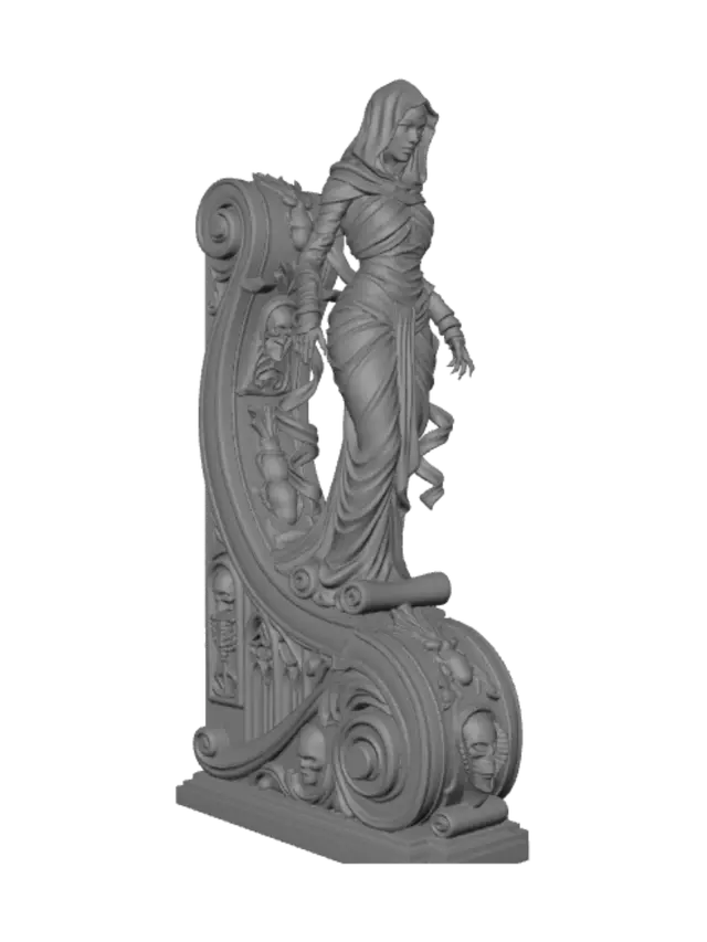 3D model for A hyper-realistic wooden carved Rococo–Art Nouveau caricatural undead mummy priestess statue. A mysterious hooded female mummy wrapped in flowing ancient linen with a cracked ceremonial death mask hidden beneath shadow. The endless wrappings unravel into graceful Art Nouveau ribbons that merge into a monumental S-waved Rococo–Art Nouveau console-pillar decorated with skeletal cartouches, scarabs, lotus flowers, papyrus scrolls, Gothic scrollwork, funerary masks and flowing volutes. Material: polished hardwood with refined anatomical detailing and visible wood grain. Polychrome in faded sandstone, weathered linen ivory, muted gold, aged bronze, pale grey flesh and cracked centuries-old varnish