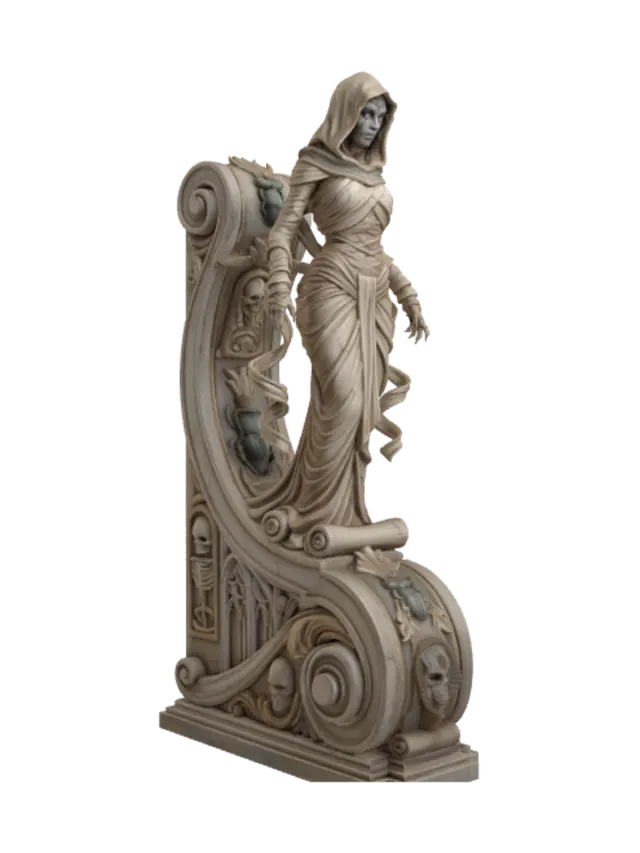 3D model for A hyper-realistic wooden carved Rococo–Art Nouveau caricatural undead mummy priestess statue. A mysterious hooded female mummy wrapped in flowing ancient linen with a cracked ceremonial death mask hidden beneath shadow. The endless wrappings unravel into graceful Art Nouveau ribbons that merge into a monumental S-waved Rococo–Art Nouveau console-pillar decorated with skeletal cartouches, scarabs, lotus flowers, papyrus scrolls, Gothic scrollwork, funerary masks and flowing volutes. Material: polished hardwood with refined anatomical detailing and visible wood grain. Polychrome in faded sandstone, weathered linen ivory, muted gold, aged bronze, pale grey flesh and cracked centuries-old varnish
