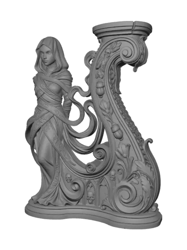 3D model for A hyper-realistic wooden carved Rococo–Art Nouveau caricatural undead mummy priestess statue. A mysterious hooded female mummy wrapped in flowing ancient linen with a cracked ceremonial death mask hidden beneath shadow. The endless wrappings unravel into graceful Art Nouveau ribbons that merge into a monumental S-waved Rococo–Art Nouveau console-pillar decorated with skeletal cartouches, scarabs, lotus flowers, papyrus scrolls, Gothic scrollwork, funerary masks and flowing volutes. Material: polished hardwood with refined anatomical detailing and visible wood grain. Polychrome in faded sandstone, weathered linen ivory, muted gold, aged bronze, pale grey flesh and cracked centuries-old varnish