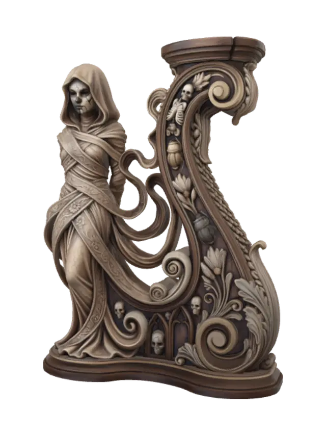 3D model for A hyper-realistic wooden carved Rococo–Art Nouveau caricatural undead mummy priestess statue. A mysterious hooded female mummy wrapped in flowing ancient linen with a cracked ceremonial death mask hidden beneath shadow. The endless wrappings unravel into graceful Art Nouveau ribbons that merge into a monumental S-waved Rococo–Art Nouveau console-pillar decorated with skeletal cartouches, scarabs, lotus flowers, papyrus scrolls, Gothic scrollwork, funerary masks and flowing volutes. Material: polished hardwood with refined anatomical detailing and visible wood grain. Polychrome in faded sandstone, weathered linen ivory, muted gold, aged bronze, pale grey flesh and cracked centuries-old varnish