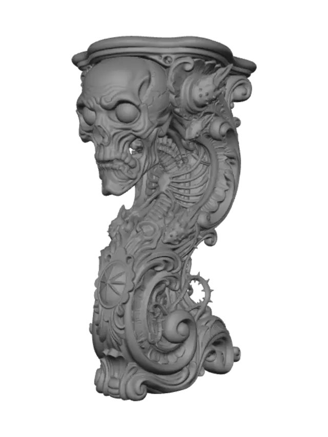 3D model for Hyper-realistic wooden carved Rococo–Art Nouveau caricatural undead extraterrestrial horror with enormous glowing eyes, elongated skull, exposed skeletal anatomy and impossibly expressive facial features. The elongated cranium, tendons and ribcage merge into a monumental S-waved Rococo–Art Nouveau console-pillar overflowing with skeletal ribs, vertebrae, meteor fragments, celestial cartouches, gothic scrollwork, thorn tendrils and flowing Art Nouveau volutes. Material: polished ebony, walnut and pale maple hardwood with extremely fine anatomical detailing. Polychrome: weary charcoal black, glowing ember orange, antique ivory bone, deep crimson and pale undead flesh tones with cracked lacquer, centuries-old museum finish