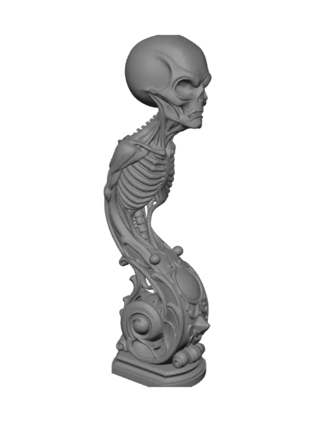 3D model for Hyper-realistic wooden carved Rococo–Art Nouveau caricatural undead extraterrestrial horror with enormous glowing eyes, elongated skull, exposed skeletal anatomy and impossibly expressive facial features. The elongated cranium, tendons and ribcage merge into a monumental S-waved Rococo–Art Nouveau console-pillar overflowing with skeletal ribs, vertebrae, meteor fragments, celestial cartouches, gothic scrollwork, thorn tendrils and flowing Art Nouveau volutes. Material: polished ebony, walnut and pale maple hardwood with extremely fine anatomical detailing. Polychrome: weary charcoal black, glowing ember orange, antique ivory bone, deep crimson and pale undead flesh tones with cracked lacquer, centuries-old museum finish