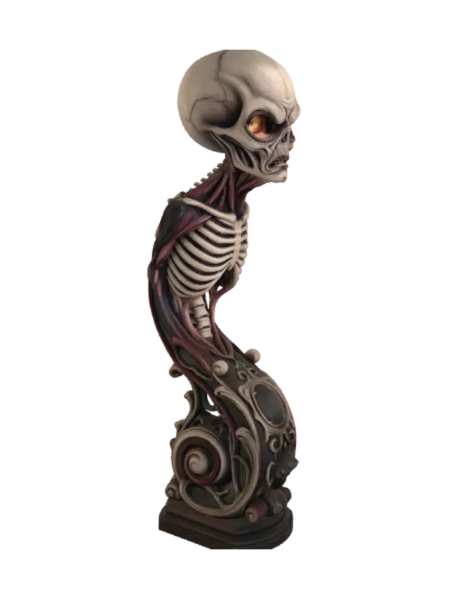 3D model for Hyper-realistic wooden carved Rococo–Art Nouveau caricatural undead extraterrestrial horror with enormous glowing eyes, elongated skull, exposed skeletal anatomy and impossibly expressive facial features. The elongated cranium, tendons and ribcage merge into a monumental S-waved Rococo–Art Nouveau console-pillar overflowing with skeletal ribs, vertebrae, meteor fragments, celestial cartouches, gothic scrollwork, thorn tendrils and flowing Art Nouveau volutes. Material: polished ebony, walnut and pale maple hardwood with extremely fine anatomical detailing. Polychrome: weary charcoal black, glowing ember orange, antique ivory bone, deep crimson and pale undead flesh tones with cracked lacquer, centuries-old museum finish