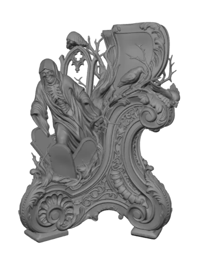 3D model for Hyper-realistic wooden carved Rococo–Art Nouveau caricatural undead hooded cemetery wraith emerging from ancient gravestones. Flowing burial robes dissolve into a monumental S-waved Rococo–Art Nouveau console-pillar where skeletal arms become rocaille ornament, vertebrae transform into decorative cartouches and roots entwine with gothic tracery, ravens, skulls, cracked crosses and thorn roses. Material: polished walnut, black oak and maple hardwood with exceptionally delicate drapery carving. Polychrome: weary ash grey, faded charcoal, antique ivory, muted moss green and pale spectral flesh with centuries-old craquelurz