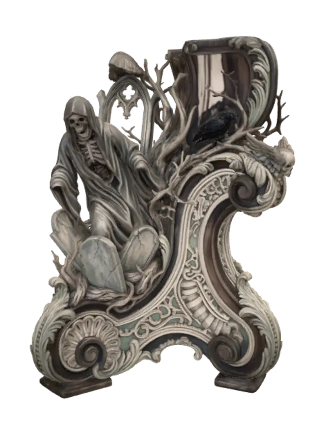 3D model for Hyper-realistic wooden carved Rococo–Art Nouveau caricatural undead hooded cemetery wraith emerging from ancient gravestones. Flowing burial robes dissolve into a monumental S-waved Rococo–Art Nouveau console-pillar where skeletal arms become rocaille ornament, vertebrae transform into decorative cartouches and roots entwine with gothic tracery, ravens, skulls, cracked crosses and thorn roses. Material: polished walnut, black oak and maple hardwood with exceptionally delicate drapery carving. Polychrome: weary ash grey, faded charcoal, antique ivory, muted moss green and pale spectral flesh with centuries-old craquelurz