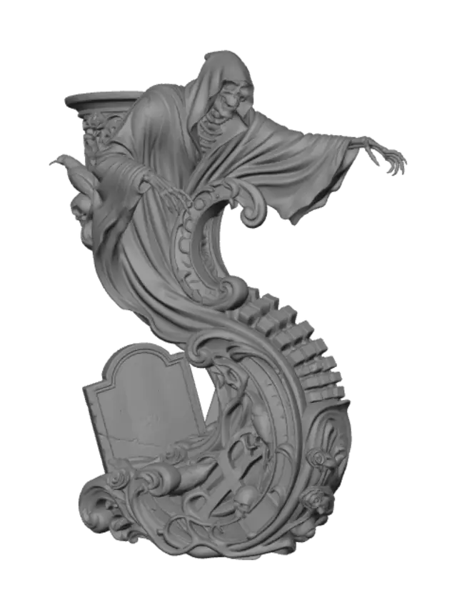 3D model for Hyper-realistic wooden carved Rococo–Art Nouveau caricatural undead hooded cemetery wraith emerging from ancient gravestones. Flowing burial robes dissolve into a monumental S-waved Rococo–Art Nouveau console-pillar where skeletal arms become rocaille ornament, vertebrae transform into decorative cartouches and roots entwine with gothic tracery, ravens, skulls, cracked crosses and thorn roses. Material: polished walnut, black oak and maple hardwood with exceptionally delicate drapery carving. Polychrome: weary ash grey, faded charcoal, antique ivory, muted moss green and pale spectral flesh with centuries-old craquelurz