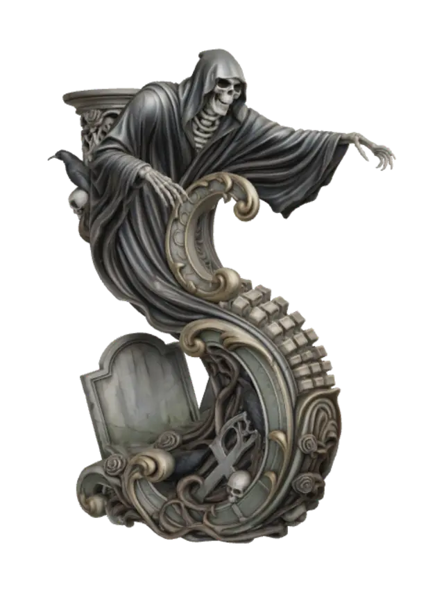 3D model for Hyper-realistic wooden carved Rococo–Art Nouveau caricatural undead hooded cemetery wraith emerging from ancient gravestones. Flowing burial robes dissolve into a monumental S-waved Rococo–Art Nouveau console-pillar where skeletal arms become rocaille ornament, vertebrae transform into decorative cartouches and roots entwine with gothic tracery, ravens, skulls, cracked crosses and thorn roses. Material: polished walnut, black oak and maple hardwood with exceptionally delicate drapery carving. Polychrome: weary ash grey, faded charcoal, antique ivory, muted moss green and pale spectral flesh with centuries-old craquelurz