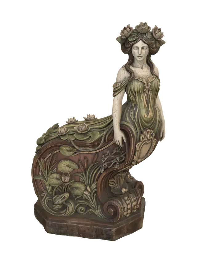 A hyper-realistic wooden carved Rococo–Art Nouveau caricatural undead swamp queen… - Scrollwork-3D-modell, genererad av AI