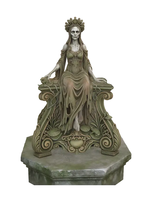 A hyper-realistic wooden carved Rococo–Art Nouveau caricatural undead swamp queen… - Scrollwork-3D-modell, genererad av AI