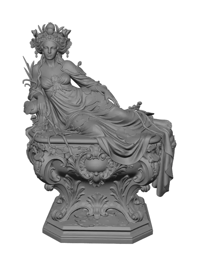 3D model for A hyper-realistic wooden carved Rococo–Art Nouveau caricatural undead swamp queen statue. A haunting marsh queen crowned with an elaborate frog-inspired diadem, emerging gracefully from tangled swamp roots and moss. Her elegant body transitions into monumental S-curved Rococo–Art Nouveau console architecture covered with lily pads, reeds, frogs, skeletal vines, decorative cartouches and botanical volutes. Flowing dress melts into carved vegetation and scrollwork. Material: polished hardwood with delicate anatomy, rich wood grain and deep undercuts. Polychrome in weathered olive greens, moss, faded gold, earthy browns and pale ghostly skin with cracked centuries-old paint