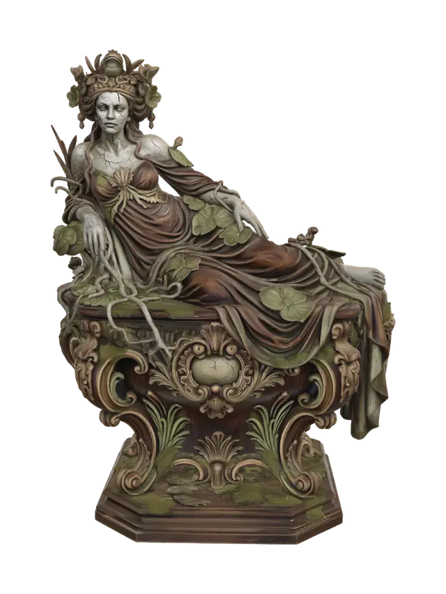 3D model for A hyper-realistic wooden carved Rococo–Art Nouveau caricatural undead swamp queen statue. A haunting marsh queen crowned with an elaborate frog-inspired diadem, emerging gracefully from tangled swamp roots and moss. Her elegant body transitions into monumental S-curved Rococo–Art Nouveau console architecture covered with lily pads, reeds, frogs, skeletal vines, decorative cartouches and botanical volutes. Flowing dress melts into carved vegetation and scrollwork. Material: polished hardwood with delicate anatomy, rich wood grain and deep undercuts. Polychrome in weathered olive greens, moss, faded gold, earthy browns and pale ghostly skin with cracked centuries-old paint
