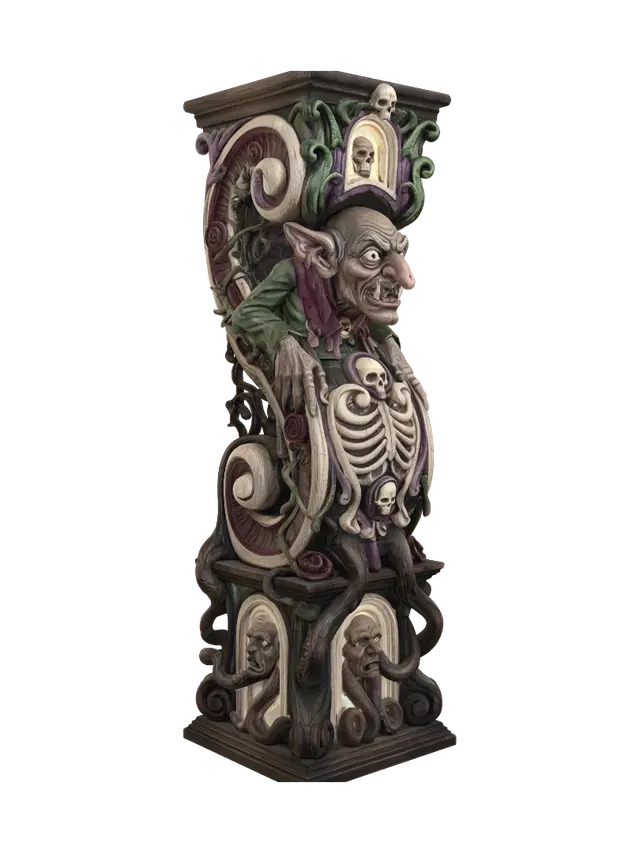 Hyper-realistic wooden carved Rococo–Art Nouveau caricatural undead goblin… - Vertebrae 3D model, vytvořený pomocí AI
