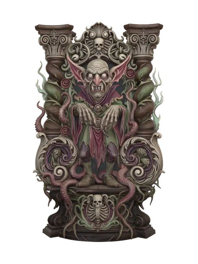 Hyper-realistic wooden carved Rococo–Art Nouveau caricatural undead goblin… - Vertebrae 3D model, vytvořený pomocí AI