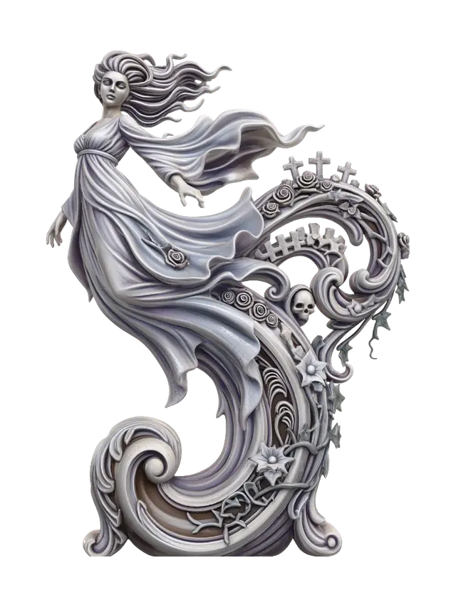 Hyper-realistic wooden carved Rococo–Art Nouveau caricatural undead ghost maiden… - Caricature 3D model, vytvořený pomocí AI