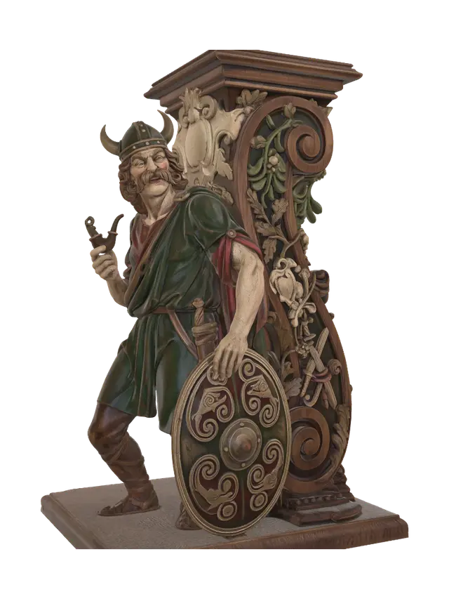 3D model for A hyper-realistic wooden carved Rococo–Art Nouveau caricatural statue of a proud mustached Gaulish warrior wearing a horned helmet, holding a large Celtic shield and casually smoking a small pipe. His oversized moustache, expressive grin, flowing tunic and shield merge seamlessly into a monumental S-waved Rococo–Art Nouveau console-pillar adorned with Celtic knotwork, skeletal cartouches, oak leaves, mistletoe, boar heads, intertwined vines, spiraling volutes and carved weapon motifs. Material: polished hardwood with exceptionally fine anatomical detailing and crisp chisel marks. Polychrome in weary deep forest green, muted crimson, warm oak browns, antique gold, pale skin tones and aged ivory with cracked historical paint, worn gilding and museum patina