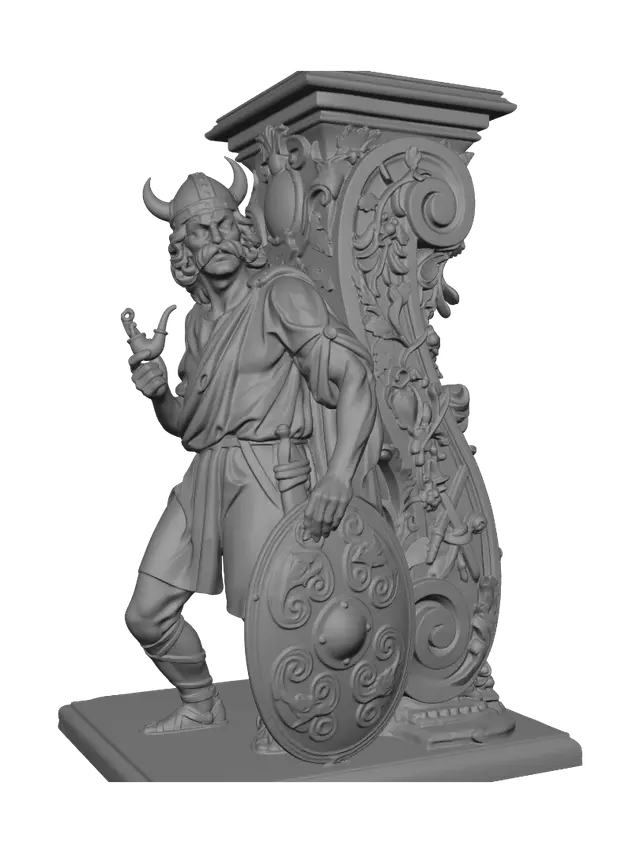 3D model for A hyper-realistic wooden carved Rococo–Art Nouveau caricatural statue of a proud mustached Gaulish warrior wearing a horned helmet, holding a large Celtic shield and casually smoking a small pipe. His oversized moustache, expressive grin, flowing tunic and shield merge seamlessly into a monumental S-waved Rococo–Art Nouveau console-pillar adorned with Celtic knotwork, skeletal cartouches, oak leaves, mistletoe, boar heads, intertwined vines, spiraling volutes and carved weapon motifs. Material: polished hardwood with exceptionally fine anatomical detailing and crisp chisel marks. Polychrome in weary deep forest green, muted crimson, warm oak browns, antique gold, pale skin tones and aged ivory with cracked historical paint, worn gilding and museum patina