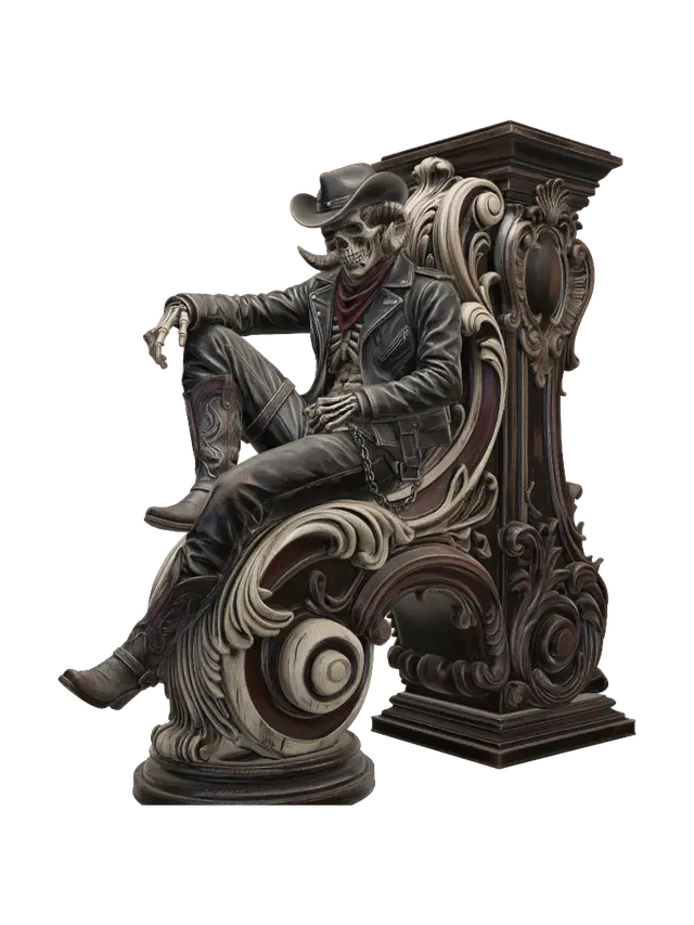 3D model for Transform a seated horned skeletal outlaw into a hyper-realistic wooden carved Rococo–Art Nouveau caricatural statue merging into a monumental waved scrollwork console-pillar. Leather jacket, boots, chains, skull face and relaxed pose dissolve into elaborate rocaille scrolls, Gothic cartouches, thorny volutes and infernal ornament. Carved from polished hardwood with crisp chisel marks and refined anatomy. Rich polychrome of black leather, antique bronze, ivory bone, crimson and aged steel with weathered patina and museum-quality lighting.