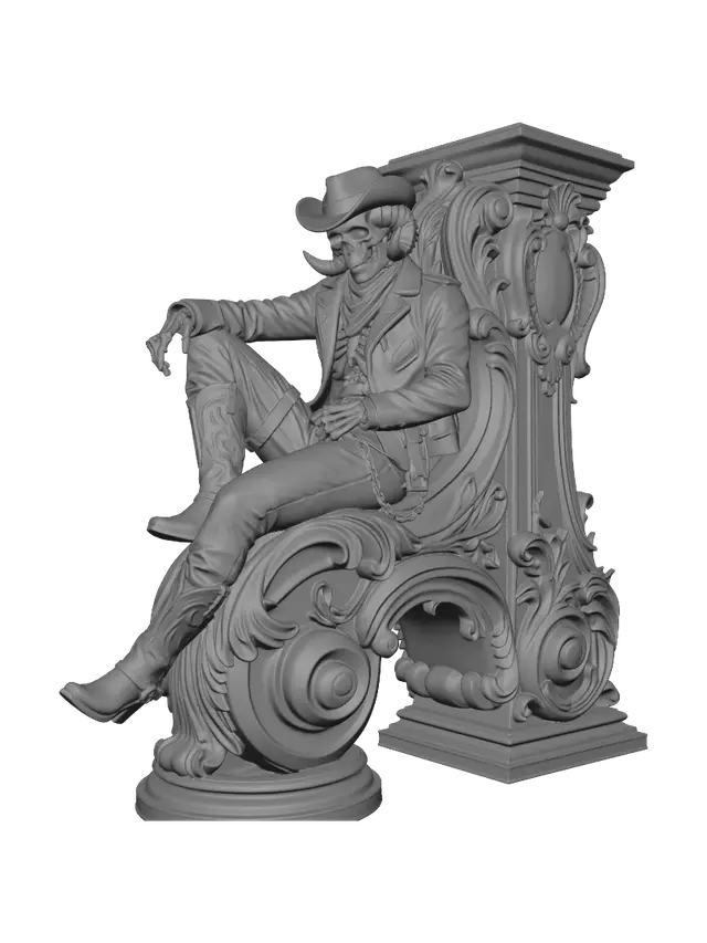 3D model for Transform a seated horned skeletal outlaw into a hyper-realistic wooden carved Rococo–Art Nouveau caricatural statue merging into a monumental waved scrollwork console-pillar. Leather jacket, boots, chains, skull face and relaxed pose dissolve into elaborate rocaille scrolls, Gothic cartouches, thorny volutes and infernal ornament. Carved from polished hardwood with crisp chisel marks and refined anatomy. Rich polychrome of black leather, antique bronze, ivory bone, crimson and aged steel with weathered patina and museum-quality lighting.