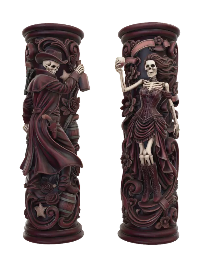 3D model for Hyper-realistic wooden carved Rococo-Art Nouveau caricatural undead statue of a skeletal cowboy and elegant skeletal saloon queen celebrating with whiskey. Long coats, corset, boots and windswept hair transform into a monumental waved Rococo-Art Nouveau console-pillar decorated with revolvers, roses, barrels, sheriff stars and ornate volutes. Polished hardwood, exceptional carving, deep warm browns, burgundy, bone white and oxidized metallic polychrome with cracked aged patina.