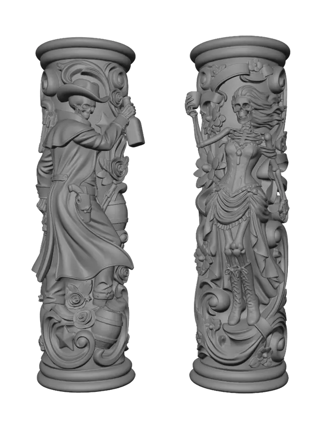 3D model for Hyper-realistic wooden carved Rococo-Art Nouveau caricatural undead statue of a skeletal cowboy and elegant skeletal saloon queen celebrating with whiskey. Long coats, corset, boots and windswept hair transform into a monumental waved Rococo-Art Nouveau console-pillar decorated with revolvers, roses, barrels, sheriff stars and ornate volutes. Polished hardwood, exceptional carving, deep warm browns, burgundy, bone white and oxidized metallic polychrome with cracked aged patina.