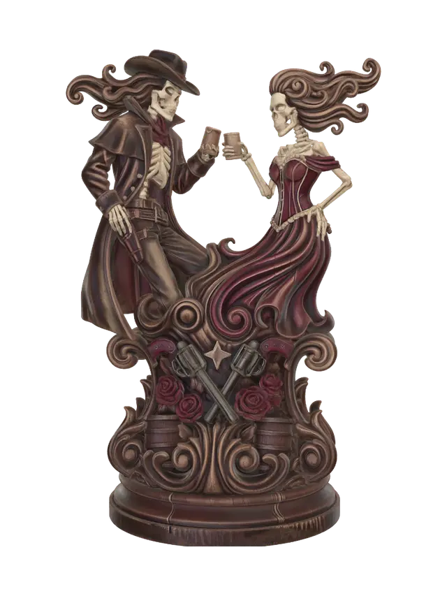 3D model for Hyper-realistic wooden carved Rococo-Art Nouveau caricatural undead statue of a skeletal cowboy and elegant skeletal saloon queen celebrating with whiskey. Long coats, corset, boots and windswept hair transform into a monumental waved Rococo-Art Nouveau console-pillar decorated with revolvers, roses, barrels, sheriff stars and ornate volutes. Polished hardwood, exceptional carving, deep warm browns, burgundy, bone white and oxidized metallic polychrome with cracked aged patina.