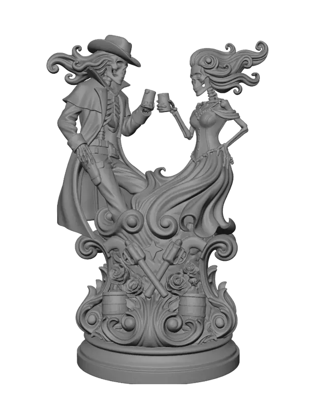 3D model for Hyper-realistic wooden carved Rococo-Art Nouveau caricatural undead statue of a skeletal cowboy and elegant skeletal saloon queen celebrating with whiskey. Long coats, corset, boots and windswept hair transform into a monumental waved Rococo-Art Nouveau console-pillar decorated with revolvers, roses, barrels, sheriff stars and ornate volutes. Polished hardwood, exceptional carving, deep warm browns, burgundy, bone white and oxidized metallic polychrome with cracked aged patina.