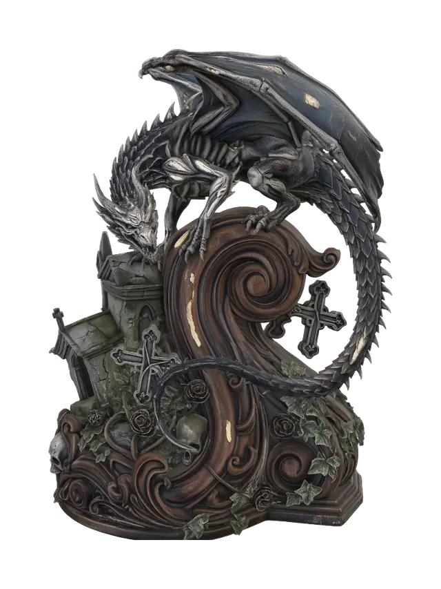 3D model for Hyper-realistic wooden carved Rococo-Art Nouveau caricatural undead dragon statue perched upon ruined cemetery crypts, wings half spread, tail wrapping dramatically around a monumental waved Rococo-Art Nouveau console-pillar. Gothic gravestones, thorned roses, skull cartouches, broken crosses and flowing ivy merge into elegant scrollwork and sweeping volutes. Polished hardwood with razor-sharp scales and anatomical detailing. Polychrome of weathered black, oxidized blue, silver-grey and moss green with cracked varnish, worn gilding and rich aged patina.