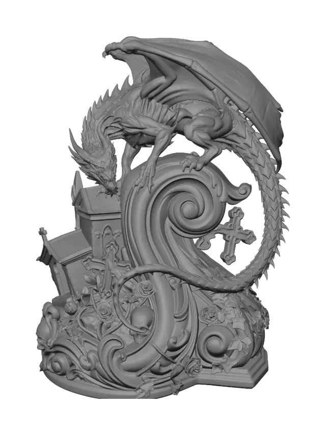3D model for Hyper-realistic wooden carved Rococo-Art Nouveau caricatural undead dragon statue perched upon ruined cemetery crypts, wings half spread, tail wrapping dramatically around a monumental waved Rococo-Art Nouveau console-pillar. Gothic gravestones, thorned roses, skull cartouches, broken crosses and flowing ivy merge into elegant scrollwork and sweeping volutes. Polished hardwood with razor-sharp scales and anatomical detailing. Polychrome of weathered black, oxidized blue, silver-grey and moss green with cracked varnish, worn gilding and rich aged patina.