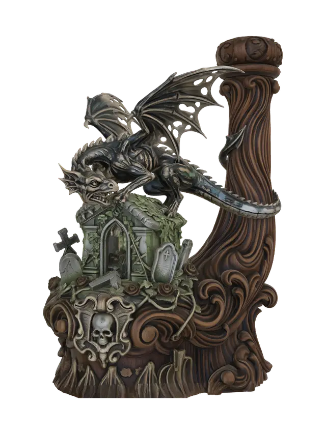 3D model for Hyper-realistic wooden carved Rococo-Art Nouveau caricatural undead dragon statue perched upon ruined cemetery crypts, wings half spread, tail wrapping dramatically around a monumental waved Rococo-Art Nouveau console-pillar. Gothic gravestones, thorned roses, skull cartouches, broken crosses and flowing ivy merge into elegant scrollwork and sweeping volutes. Polished hardwood with razor-sharp scales and anatomical detailing. Polychrome of weathered black, oxidized blue, silver-grey and moss green with cracked varnish, worn gilding and rich aged patina.
